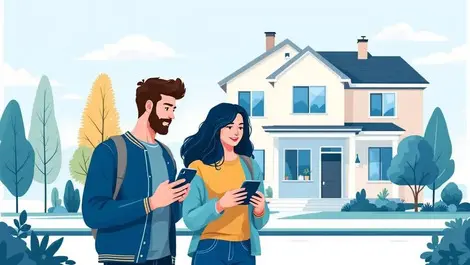 Young adults using smartphones inspecting modern home social media property advice