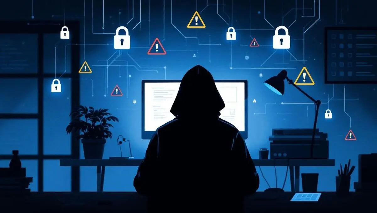 Shadowy figure computer dark office digital locks warning cyber threats nz businesses