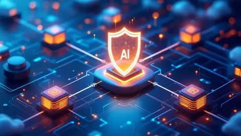 Secure data network interconnected servers routers glowing shield ai automation safety