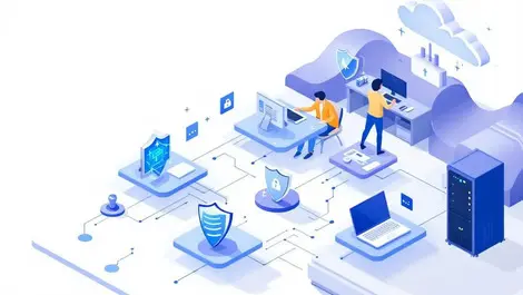 Business office computers servers digital shields professionals monitoring cloud security