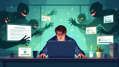 Worried british shopper computer phishing popups online shopping cybersecurity risk