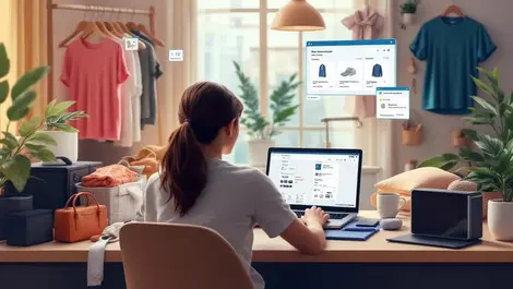 Person using laptop home shopping items clothes electronics virtual assistant