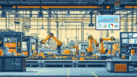 Modern factory interior advanced machinery robotic arms data analytics ai automation
