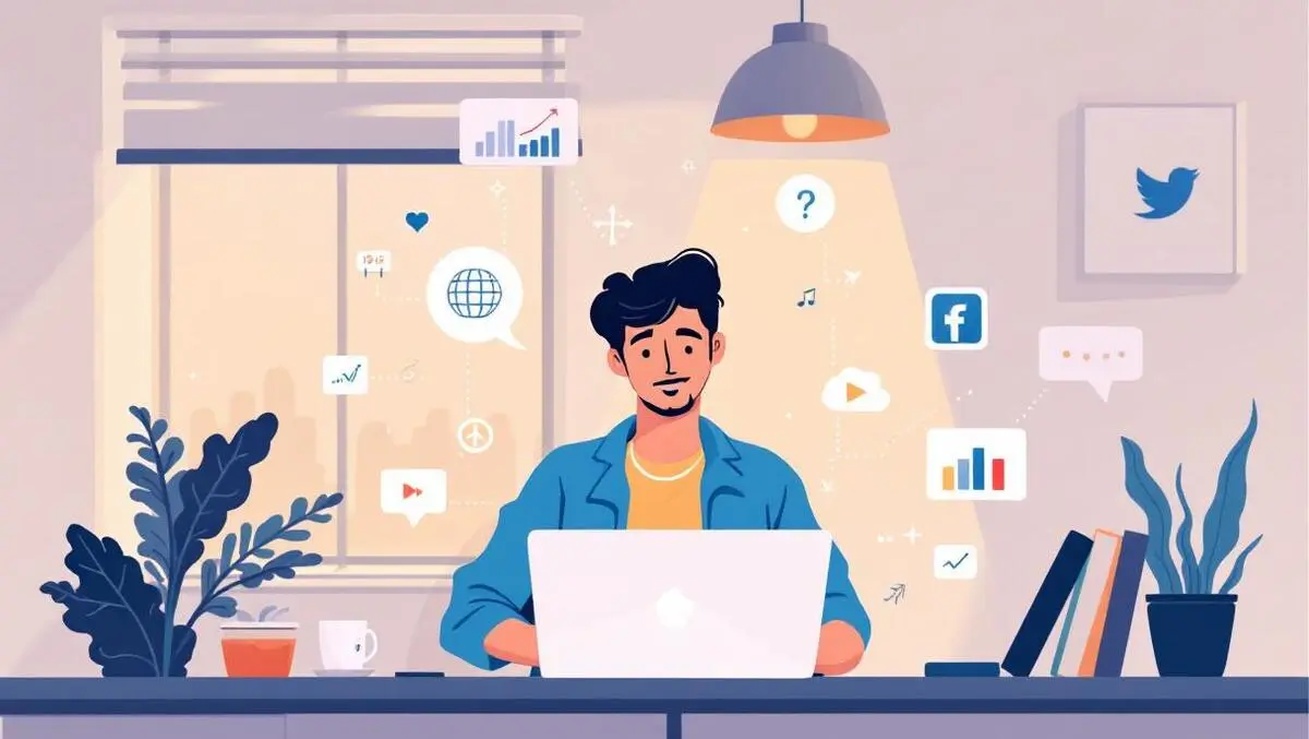 Busy australian home service worker laptop automation social media growth charts