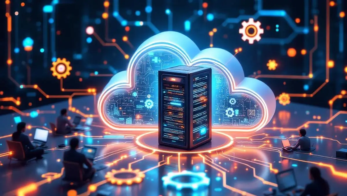 Realistic cloud shaped server rack glowing data streams digital gears advanced ai tools business