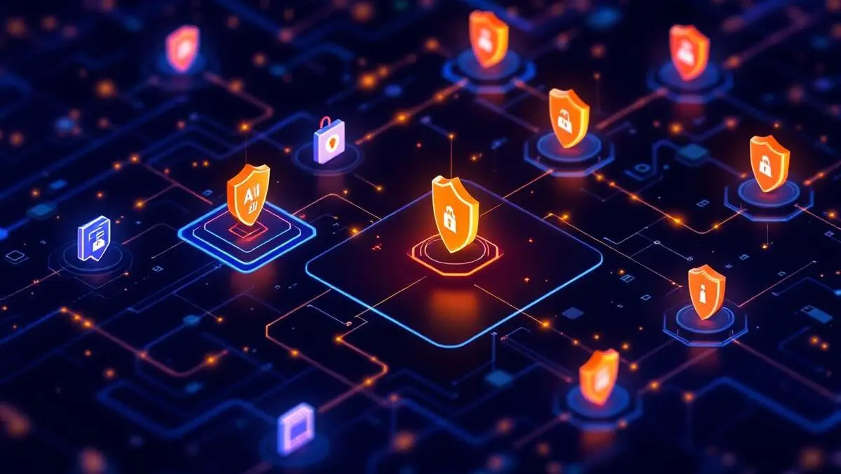 Secure digital network interconnected nodes shield icons safe data flow enterprise ai