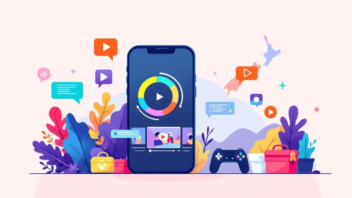 Smartphone pie chart video thumbnails over new zealand map art