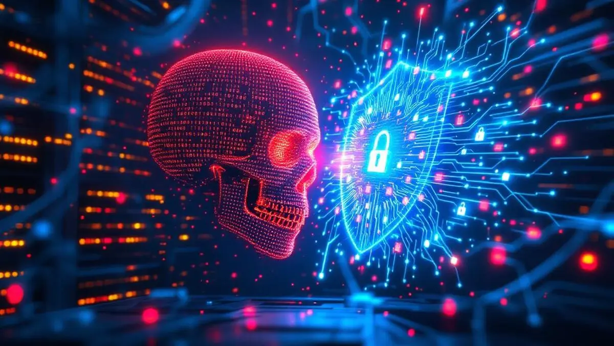 Red digital skull vs blue cyber shield ai warfare defense