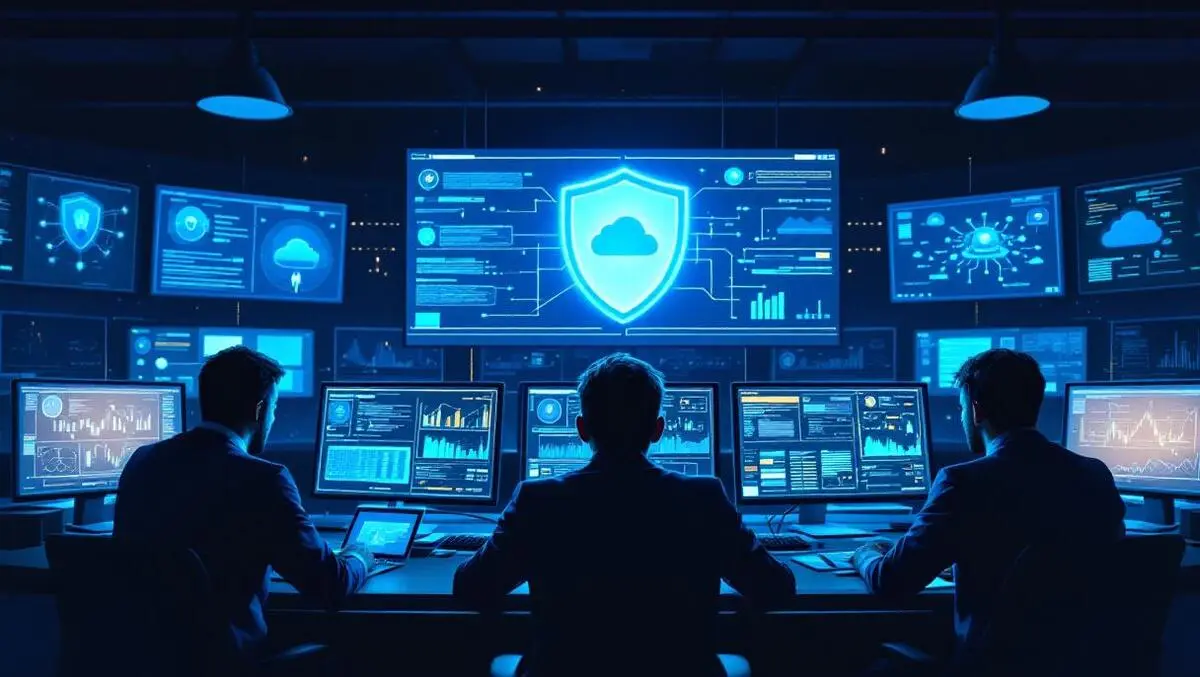 Cinematic soc night monitors glowing shield cyber analysts scene