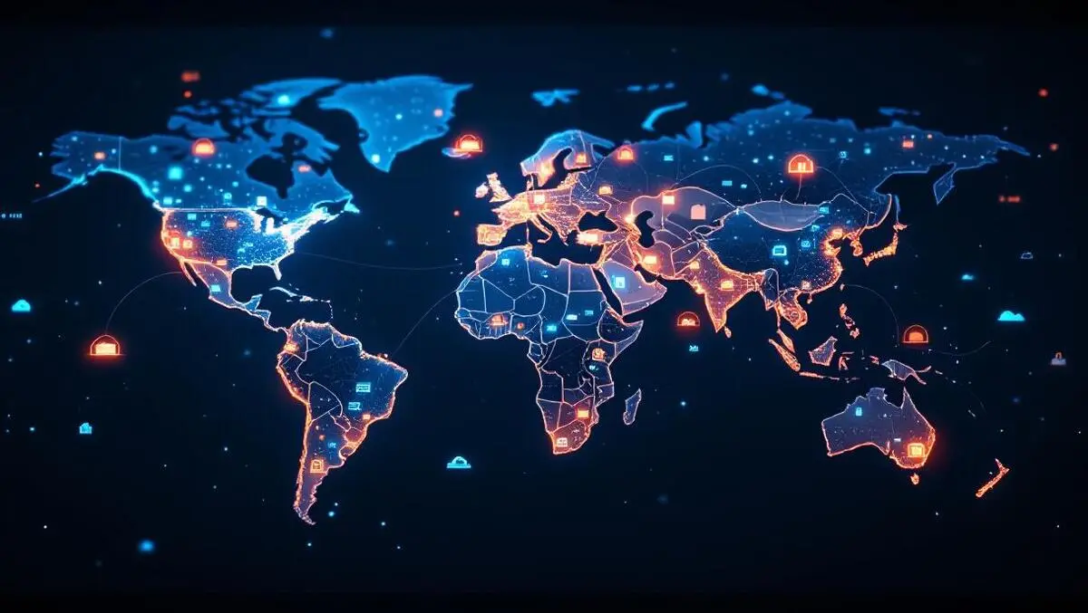 Global cloud saas marketplace glowing world map finance links
