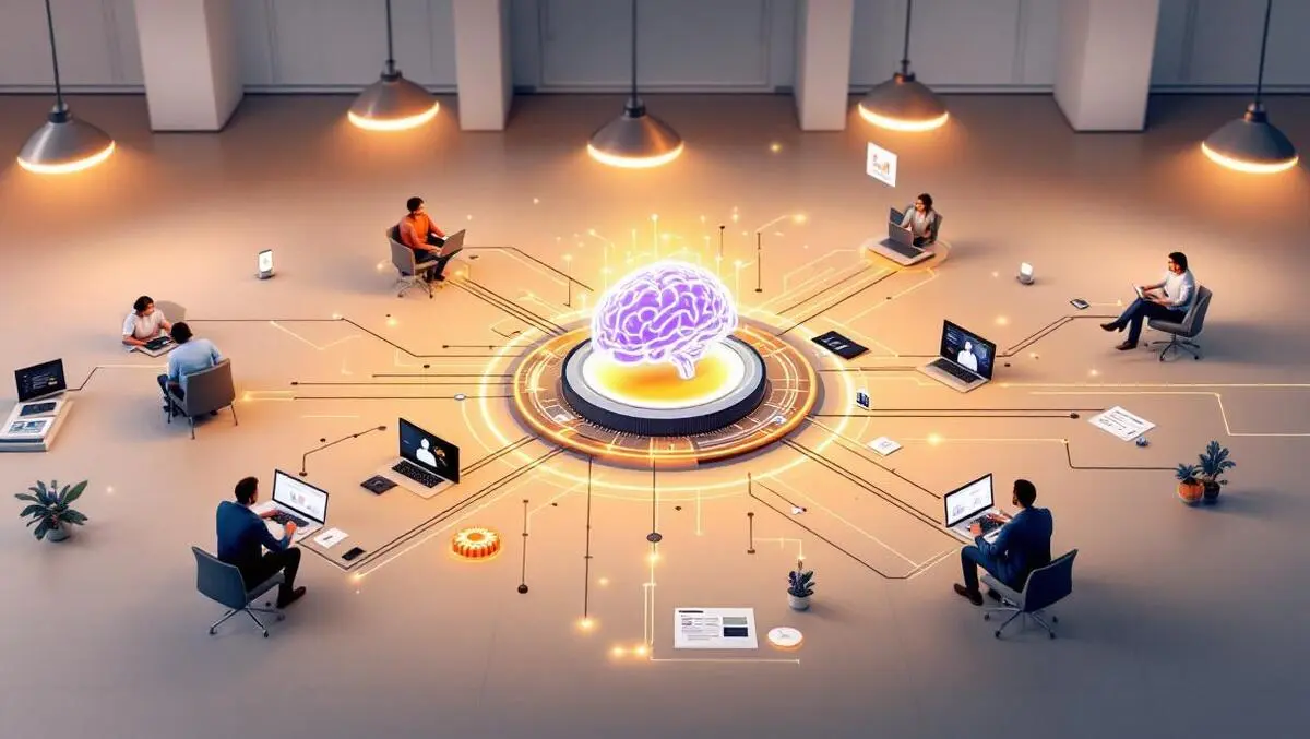 Modern office ai workflow diagram brain hub automation collab