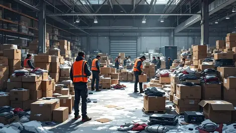 Holiday returns cluttered warehouse conveyor staff sorting parcels
