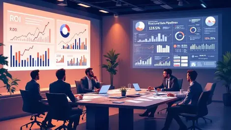 Modern boardroom executives reviewing roi dashboards data pipelines