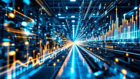 Modern uk factory ai robotic arms conveyors data graphs automation