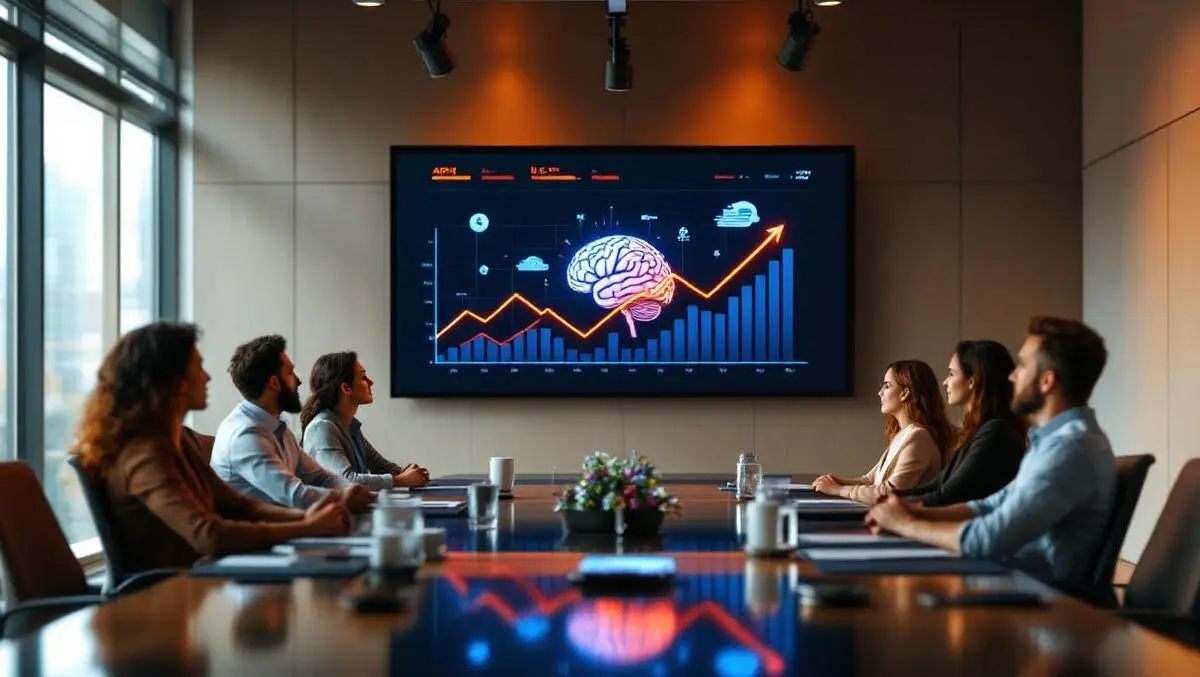 Global executive boardroom ai brain icons financial growth chart