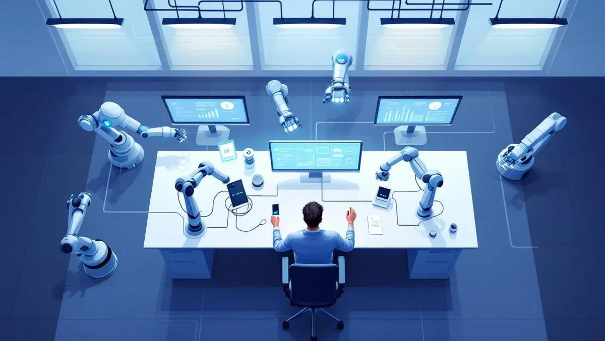 Overhead modern office ai automation hub with robots and dashboards
