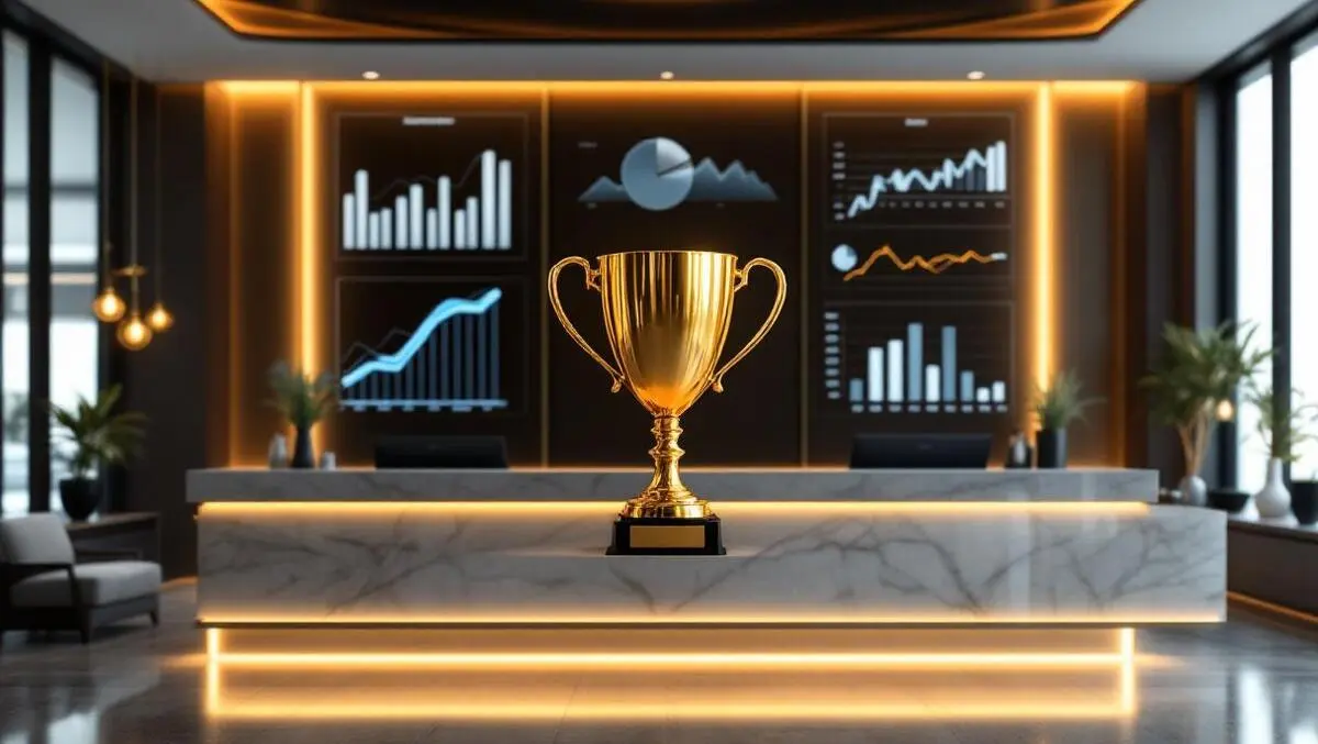 Modern hotel front desk golden award tech revenue success scene