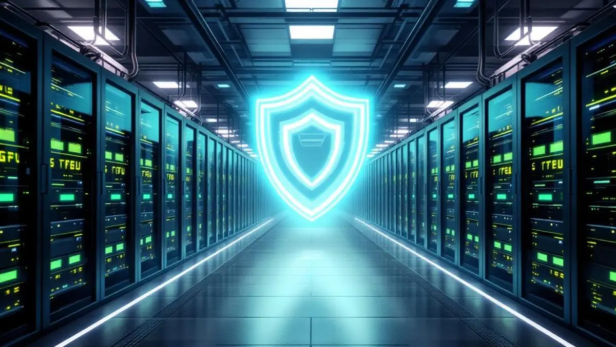 Realistic ai data center rows gpu racks with energy shield view