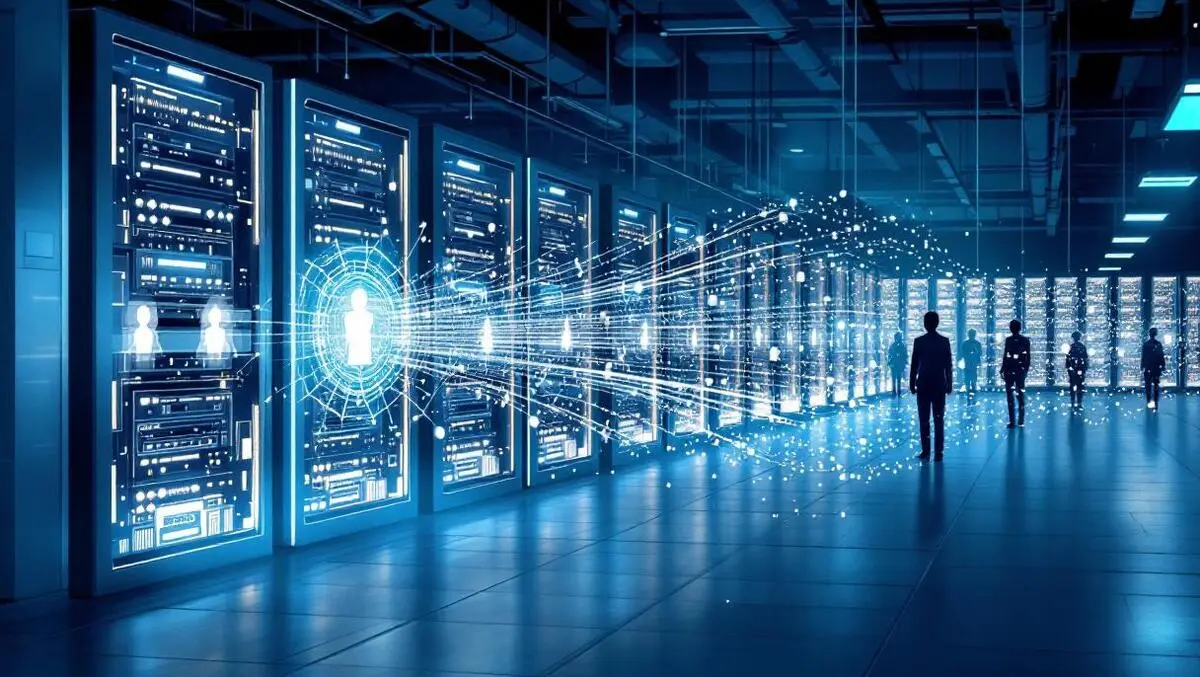 Secure data center night anonymized ai data silhouettes glow