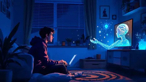 Moody kiwi man night apartment ai avatar romantic trust