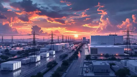 Houston ai data center complex dusk power lines clean tech