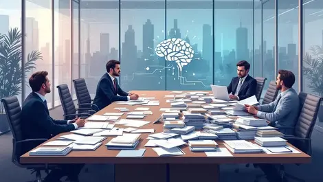 Office boardroom ordered vs chaotic documents with subtle ai brain