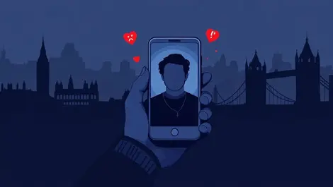 Moody smartphone lonely user masked profiles uk landmarks vector