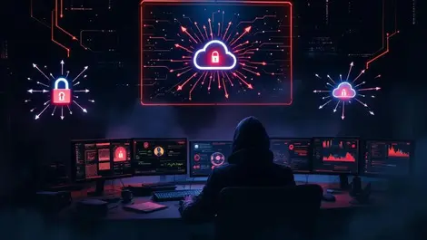 Dark control room ai ransomware cloud cyberattack red lock scene