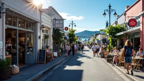 Wellington nz sunlit street cafes boutiques bustling harbor hills