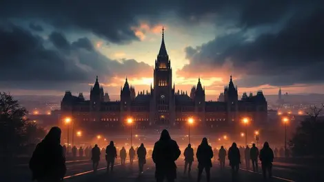 Nz parliament moody brooding sky hooded figures security threat