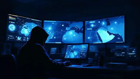 Hooded hacker in dim middle east government office night scene