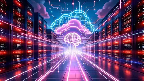 Hybrid cloud data center ai pipelines glowing brain illustration