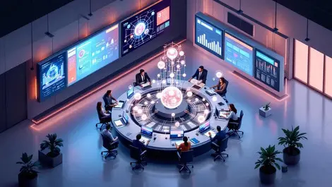 Isometric corporate ai command center console glowing agents