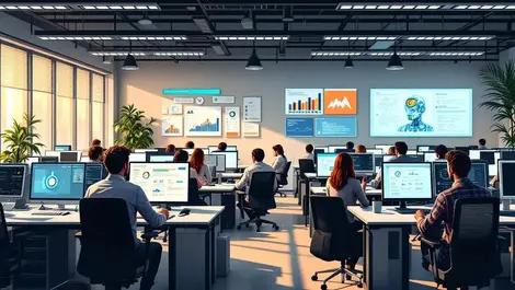 Editorial anxious corporate office hiring freeze ai dashboard illustration