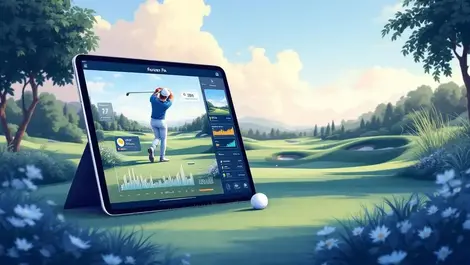 Energetic golf fan european stadium tablet analytics digital illustration